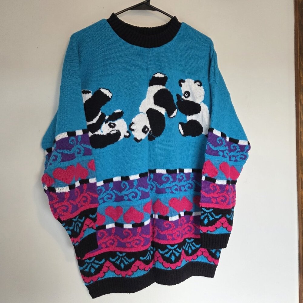 Spunky Vintage 80s Panda Sweater Bear Hearts Women’s Large Neon Knit Retro
